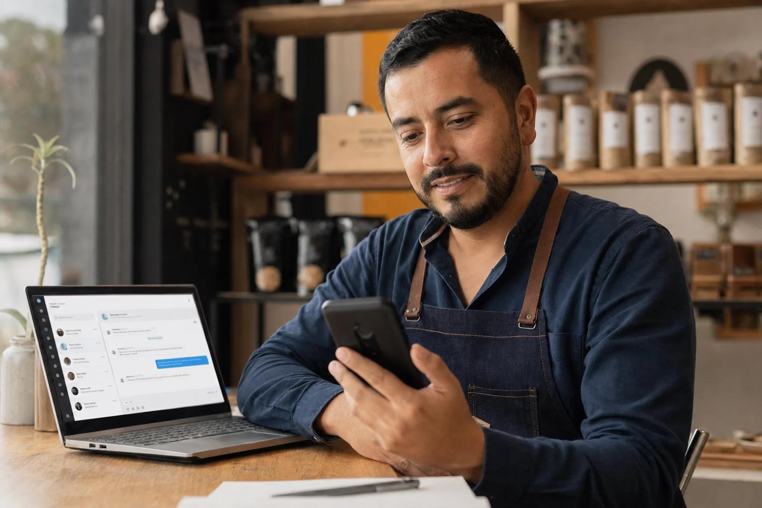 A small business owner in a navy apron looks at his phone while a laptop beside him displays a conversation dashboard.