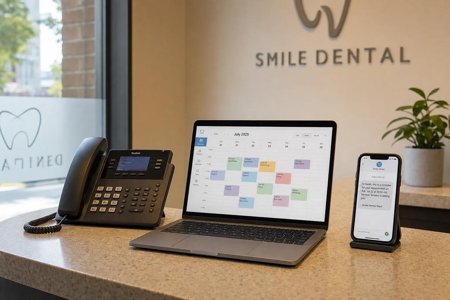 A dental clinic reception counter with a desk phone, an open laptop showing a calendar, and a smartphone displaying an SMS appointment reminder.