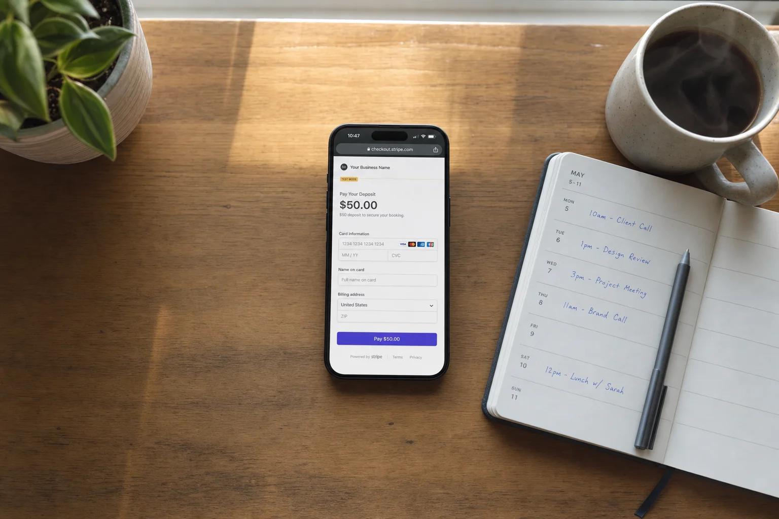 A smartphone on a wooden table shows a Stripe checkout screen for a $50 deposit, next to an open weekly planner and a coffee cup.