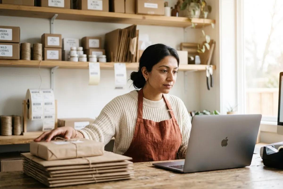 Priya at her laptop checking an order while surrounded by shelves of packaged products ready to ship