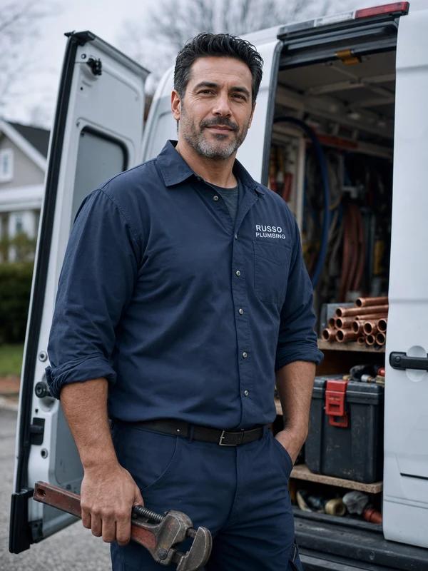 Tony Russo, owner of Russo Plumbing & Drain in Newark, holding a pipe wrench in his work van