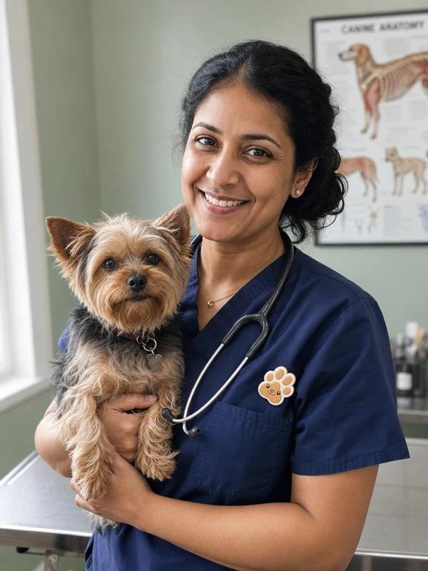 Dr. Sarah Patel, founder of Cedar Park Animal Hospital in Austin, holding a small terrier in the exam room