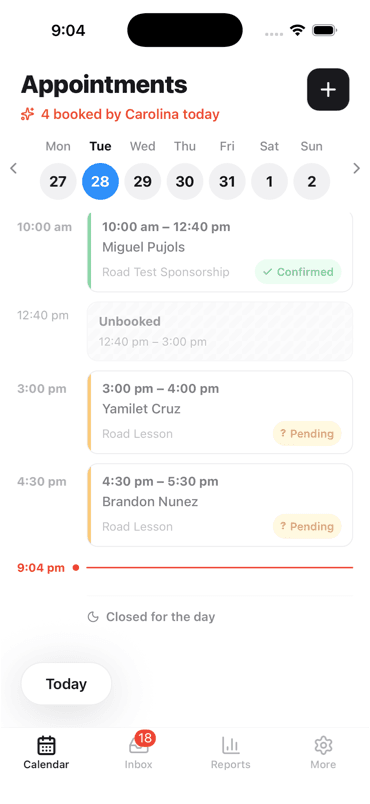 Sarase mobile app showing a day of appointments, four of them booked by the AI agent