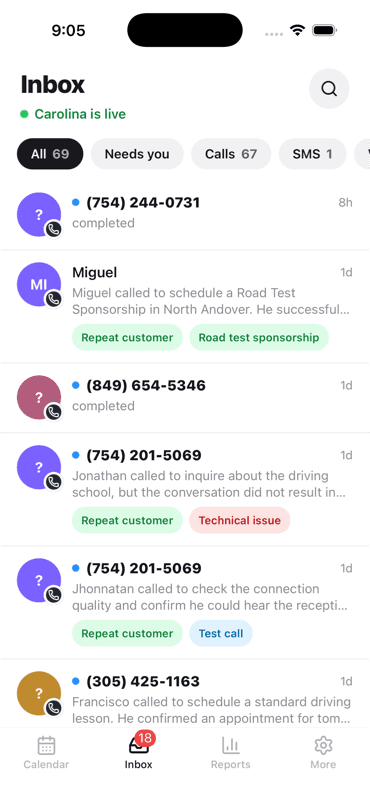 Sarase mobile app inbox listing calls and texts with AI-written summaries