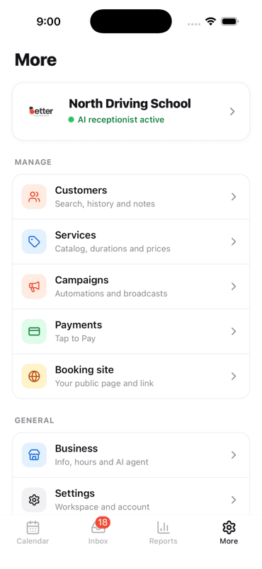 Sarase mobile app menu showing customers, services, campaigns, payments and booking site