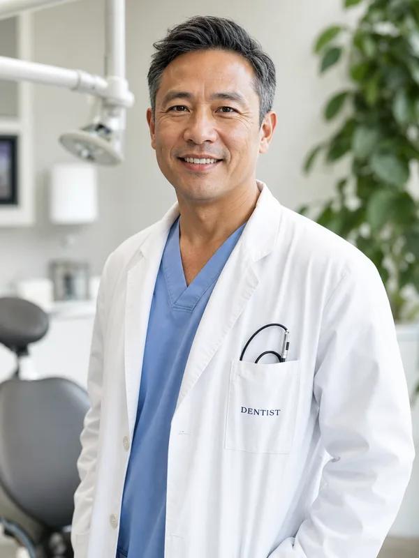 Dr. James Chen, founder of Bright Smiles Dental in Los Angeles, in his clinic
