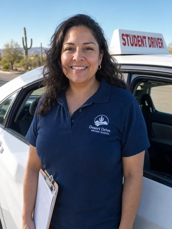 Ana Hernandez, owner of Phoenix Driving Academy, beside her training car