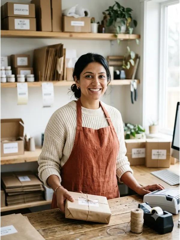 Priya Sharma, owner of Marigold Goods, packing an online order in her studio