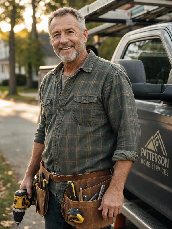 Greg Patterson, owner of Patterson Home Services in Charlotte, standing in front of his work truck with a tool belt on