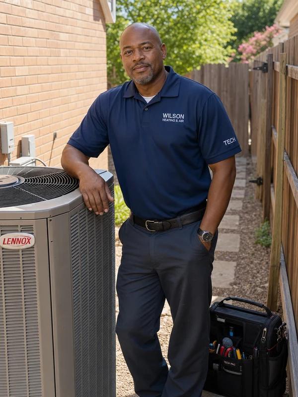 Derek Wilson, owner of Wilson Heating & Air in Dallas, standing next to a residential AC condenser