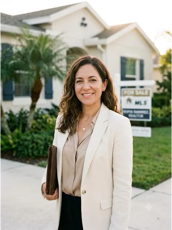 Sofia Martinez, owner of Coastal Realty Group in Miami, standing in front of a coastal Florida listing